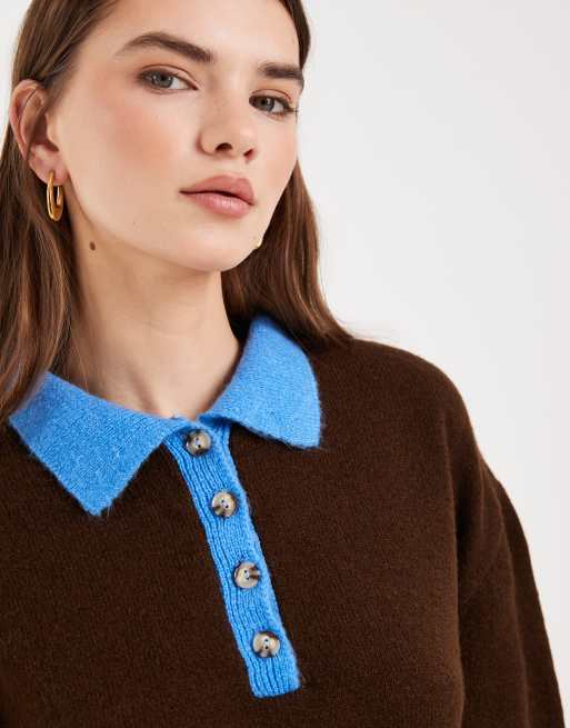 ASOS DESIGN - Gebreide rugbytrui met contrasterende kraag in bruin, 3 van 4