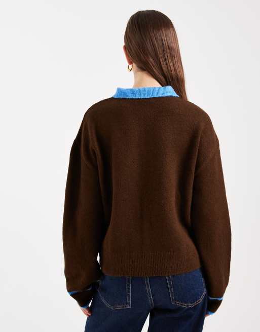 ASOS DESIGN - Gebreide rugbytrui met contrasterende kraag in bruin, 4 van 4