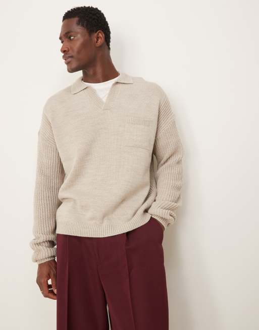 ASOS DESIGN - Gebreide ruimvallende polotrui met lange mouwen in grijs