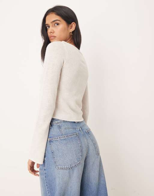ASOS DESIGN - Gebreide ruimvallende top met rechte hals in crème, 4 van 4
