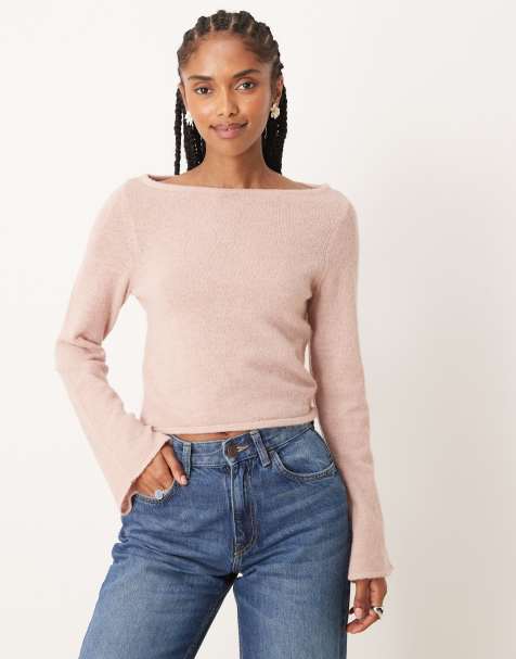 ASOS DESIGN - Gebreide ruimvallende top met rechte hals in lichtroze - view 1