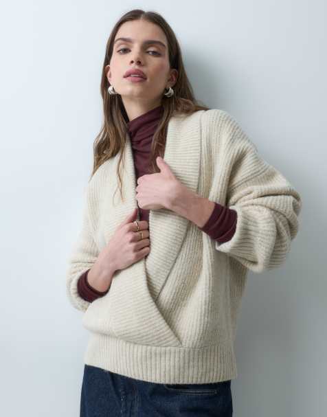 ASOS DESIGN gebreide ruimvallende trui met sjaalkraag in beige - view 1