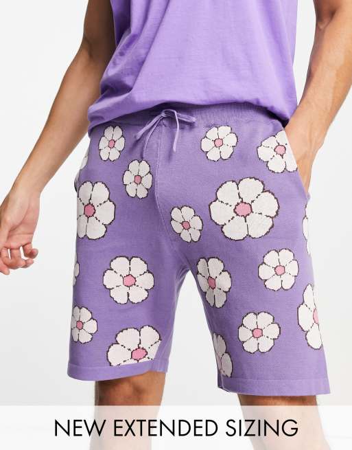 ASOS DESIGN - Gebreide short met bloemenprint in paars, deel van co-ord set