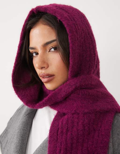 ASOS DESIGN gebreide sjaal met capuchon in pruimkleur, 2 van 3