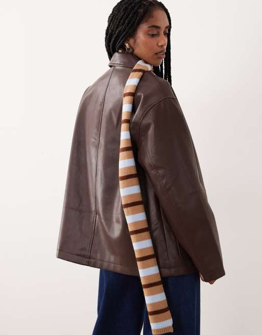 ASOS DESIGN - Gebreide smalle gestreepte sjaal in chocoladebruin en lichtblauw, 3 van 3