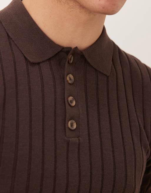ASOS DESIGN - Gebreide strakke geribbelde polo in bruin, 3 van 4