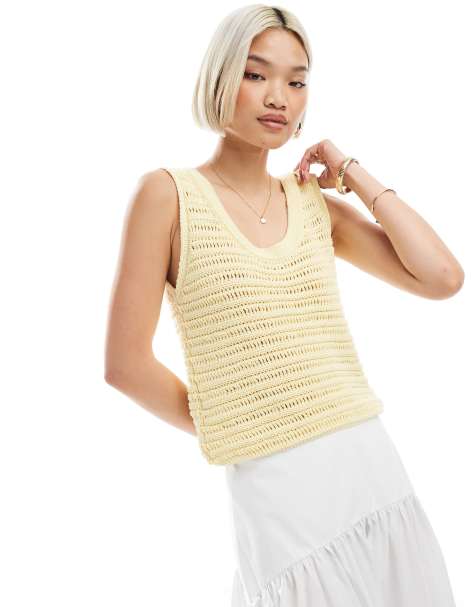 ASOS DESIGN - Gebreide tanktop met gehaakte look en lage ronde hals in lichtgeel - view 1