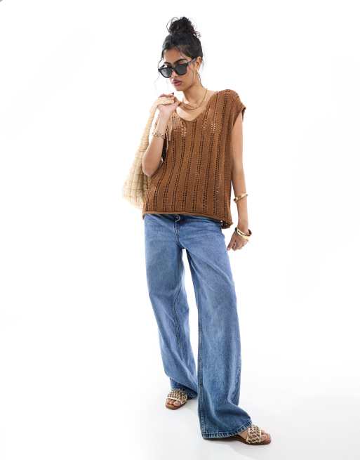ASOS DESIGN - Gebreide tanktop met open steek in bruin
