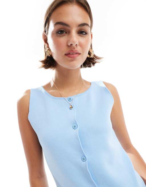 ASOS DESIGN - Gebreide tanktop met rechte hals en knopen in blauw