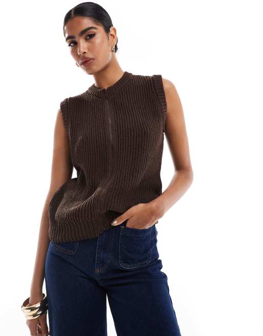 ASOS DESIGN - Gebreide tanktop met rits in chocoladebruin