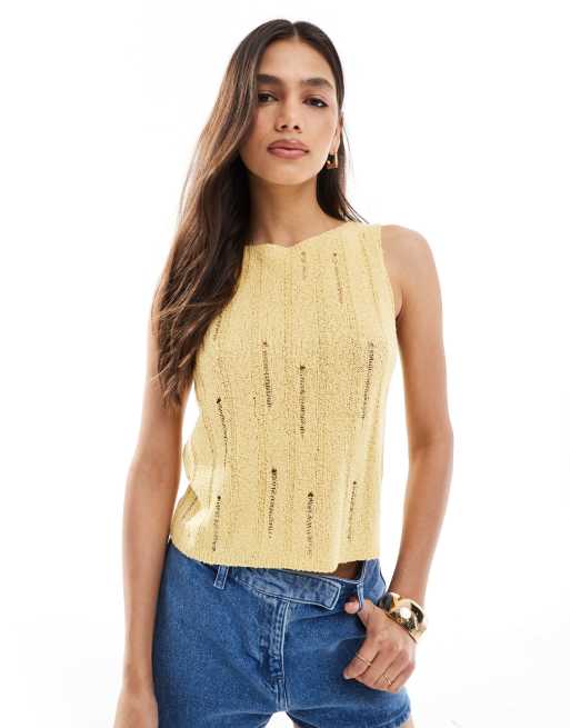 ASOS DESIGN - Gebreide tanktop van bouclé-garen met opengewerkte steken in geel