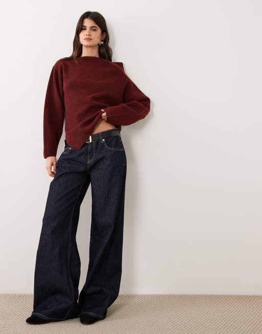 ASOS DESIGN gebreide top met blote schouders in bordeauxrood, 3 van 4