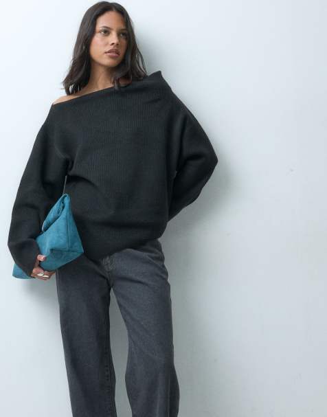 ASOS DESIGN gebreide top met blote schouders in zwart - view 1