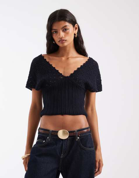 ASOS DESIGN gebreide top met diepe hals en bandje in navy - view 1