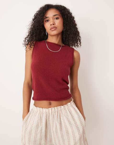 ASOS DESIGN - Gebreide top met lage gedraaide rug in bordeauxrood - view 1