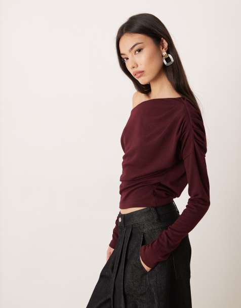 ASOS DESIGN - Gebreide top met lange mouwen en afhangende schouders in bessenkleur - view 1