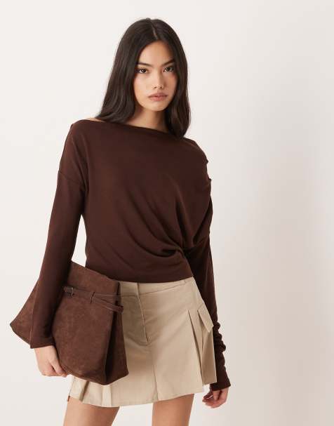 ASOS DESIGN - Gebreide top met lange mouwen en afhangende schouders in bruin - view 1