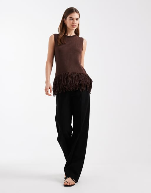 ASOS DESIGN - Gebreide top met lange pasvorm en franjes in bruin, 3 van 4