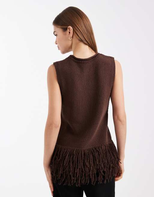 ASOS DESIGN - Gebreide top met lange pasvorm en franjes in bruin, 4 van 4