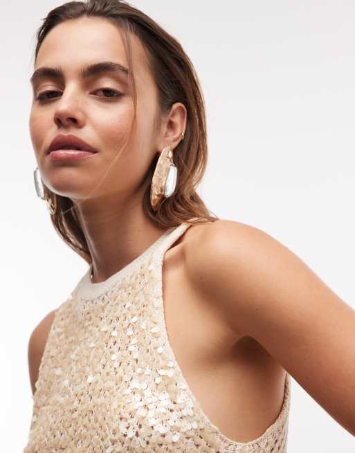 ASOS DESIGN - Gebreide top met lovertjes aan de voorkant in crème, 4 van 8