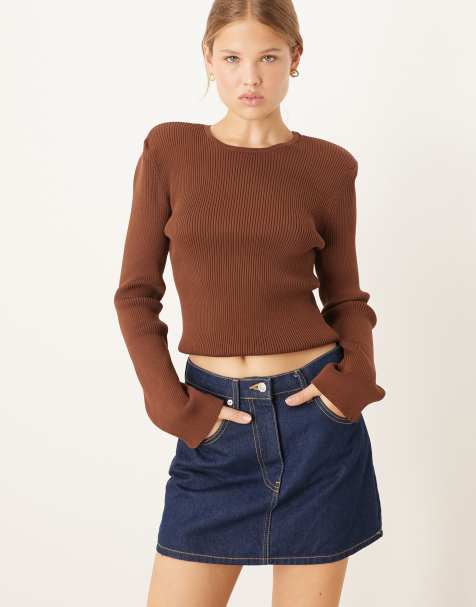 ASOS DESIGN - Gebreide top met schoudervullingen in bruin - view 1