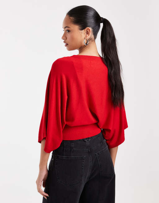 ASOS DESIGN gebreide top met vleermuismouwen en taille in rood, 4 van 4