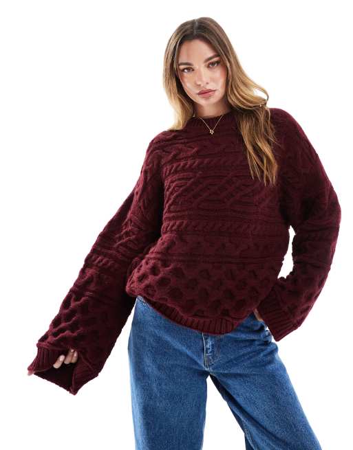 ASOS DESIGN - Gebreide trui met 3D kabels en brede manchetten in bordeauxrood