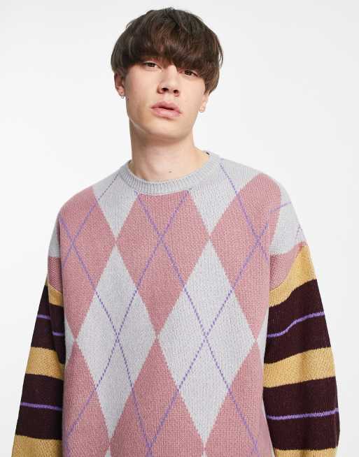 ASOS DESIGN - Gebreide trui met argyle ruiten en gestreepte mouwen