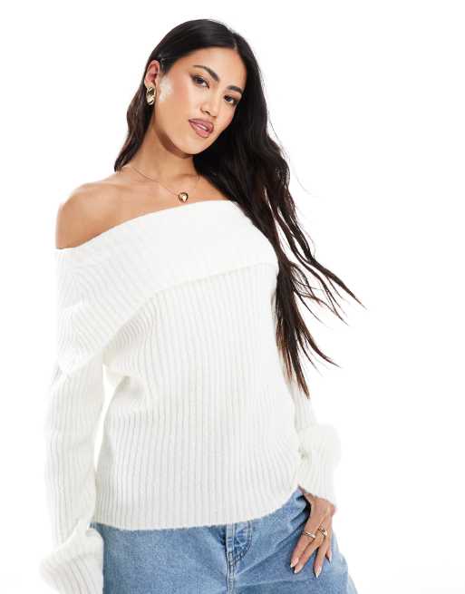 ASOS DESIGN - Gebreide trui met blote schouder in ecru