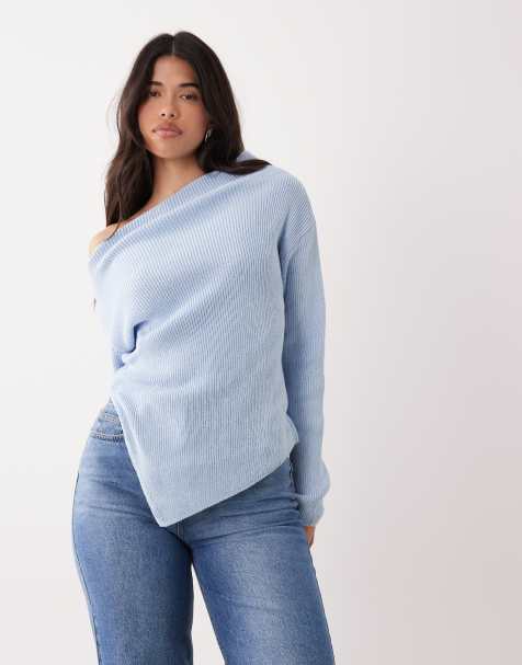 ASOS DESIGN - Gebreide trui met blote schouder in lichtblauw - view 1