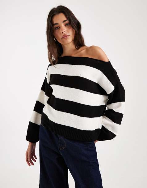 ASOS DESIGN - Gebreide trui met blote schouder in zwart en wit - view 1