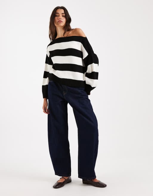 ASOS DESIGN - Gebreide trui met blote schouder in zwart en wit, 3 van 4