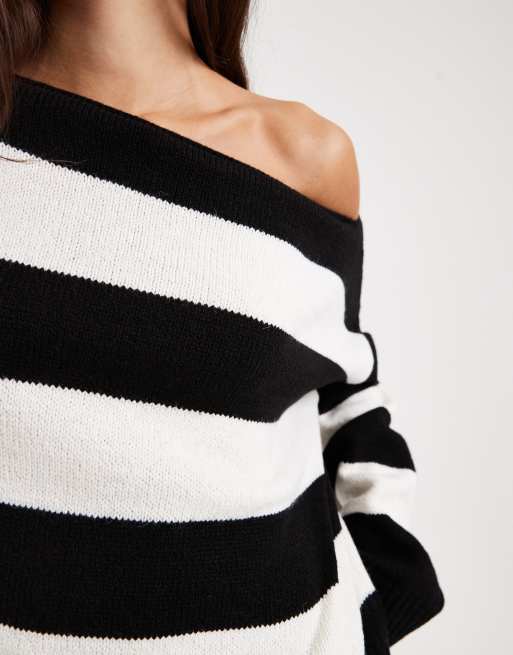 ASOS DESIGN - Gebreide trui met blote schouder in zwart en wit, 4 van 4