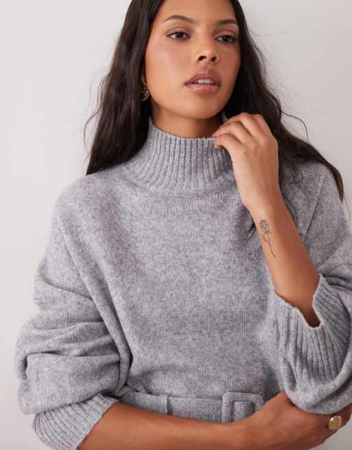 ASOS DESIGN gebreide trui met brede riem en opstaande kraag in grijs gemêleerd, 2 van 4