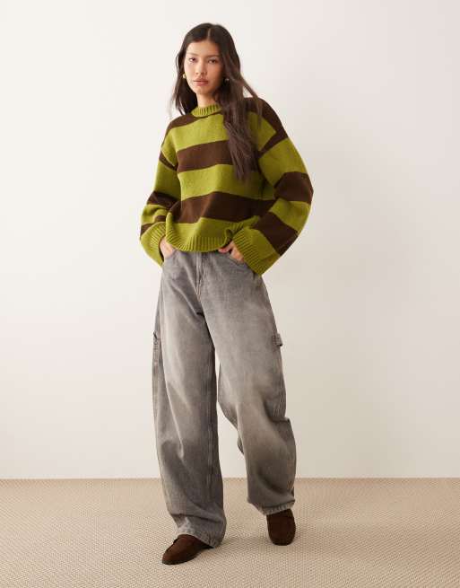 ASOS DESIGN - Gebreide trui met brede strepen in olijfgroen in chocoladebruin, 2 van 4