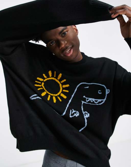 ASOS DESIGN - Gebreide trui met dinosaurusprint in zwart