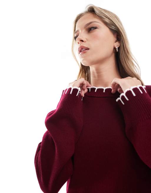 ASOS DESIGN - Gebreide trui met festonsteken in bordeauxrood, 2 van 4