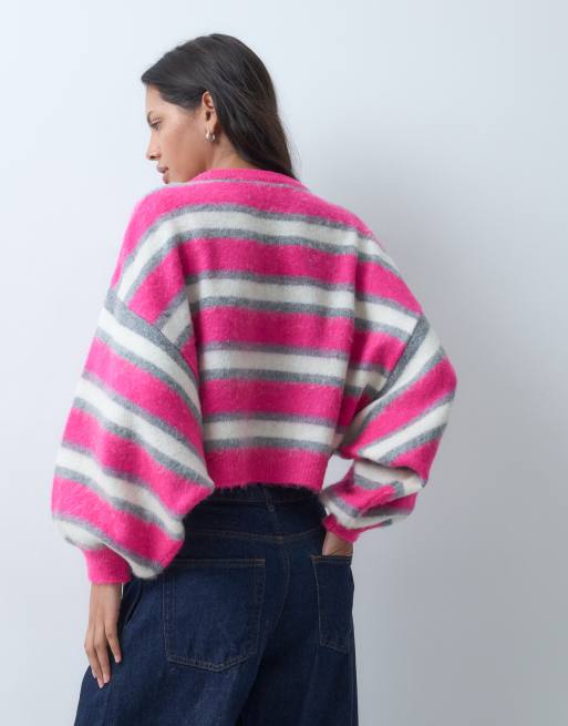 ASOS DESIGN gebreide trui met geborstelde strepen in roze en grijs, 4 van 9