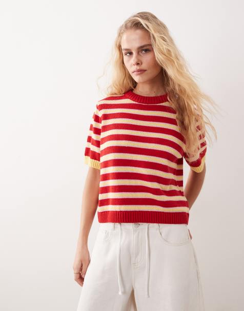 ASOS DESIGN - Gebreide trui met halflange mouwen en rode strepen - view 1
