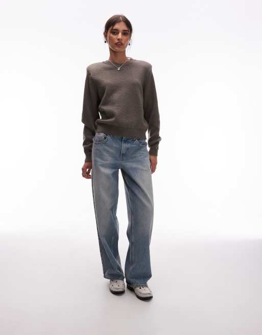 ASOS DESIGN - Gebreide trui met hoge V-hals en schoudervullingen in grijs, 2 van 4