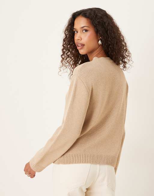 ASOS DESIGN - Gebreide trui met hoge V-hals in honing beige, 2 van 4