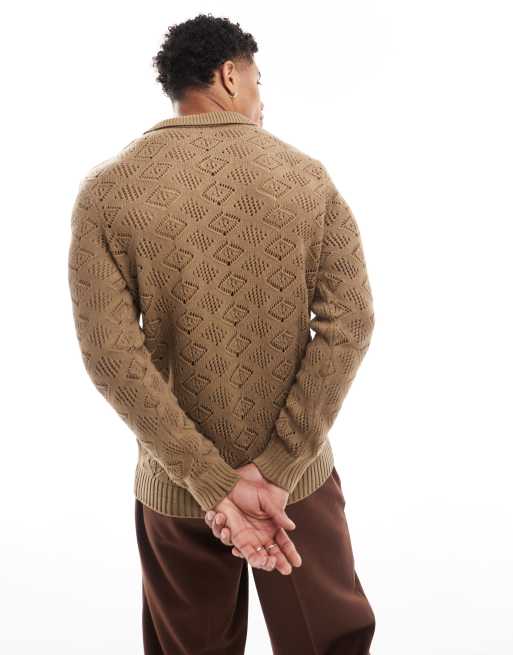 ASOS DESIGN - Gebreide trui met inkeping in de hals en textuur in bruin, 2 van 4