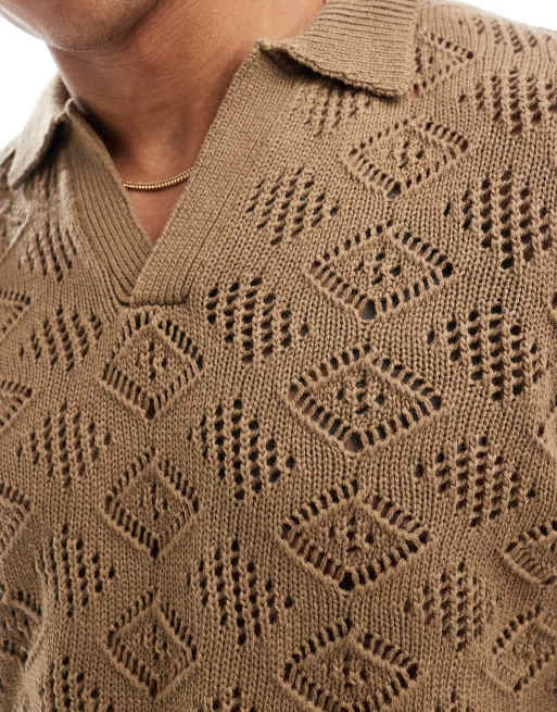 ASOS DESIGN - Gebreide trui met inkeping in de hals en textuur in bruin, 3 van 4