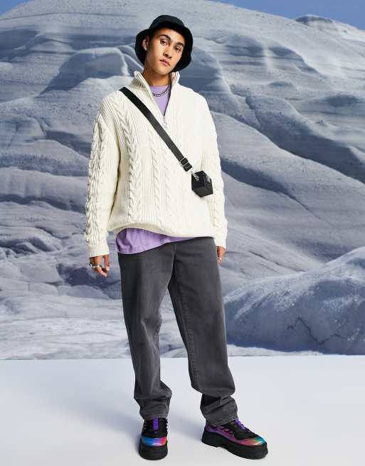 ASOS DESIGN - Gebreide trui met kabels en halve rits in ecru