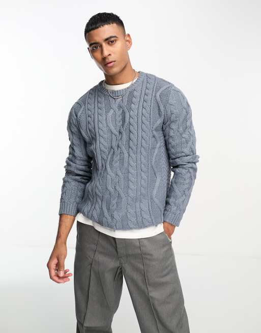 ASOS DESIGN - Gebreide trui met kabels in blauw
