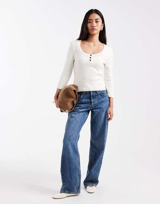 ASOS DESIGN - Gebreide trui met lage ronde Henley-hals in ecru, 2 van 4