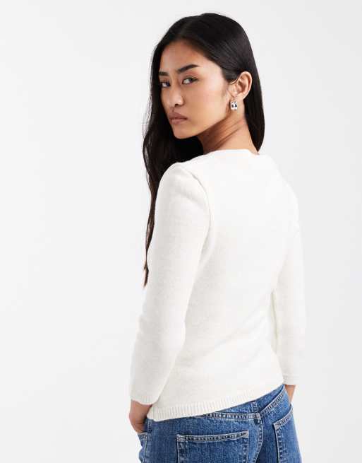 ASOS DESIGN - Gebreide trui met lage ronde Henley-hals in ecru, 3 van 4