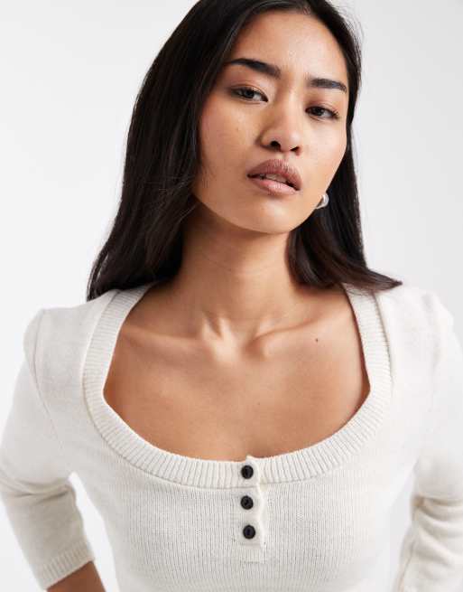 ASOS DESIGN - Gebreide trui met lage ronde Henley-hals in ecru, 4 van 4