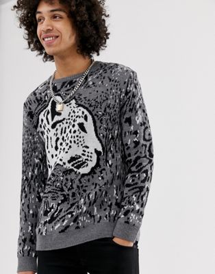 ASOS DESIGN - Gebreide trui met luipaardprint-Grijs