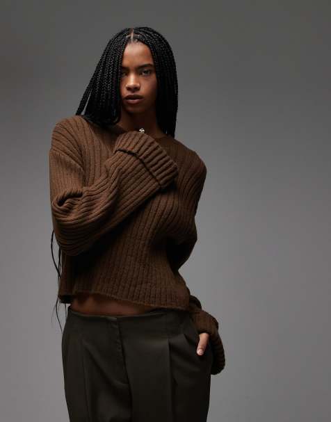 ASOS DESIGN - Gebreide trui met manchetten met omslag in bruin - view 1